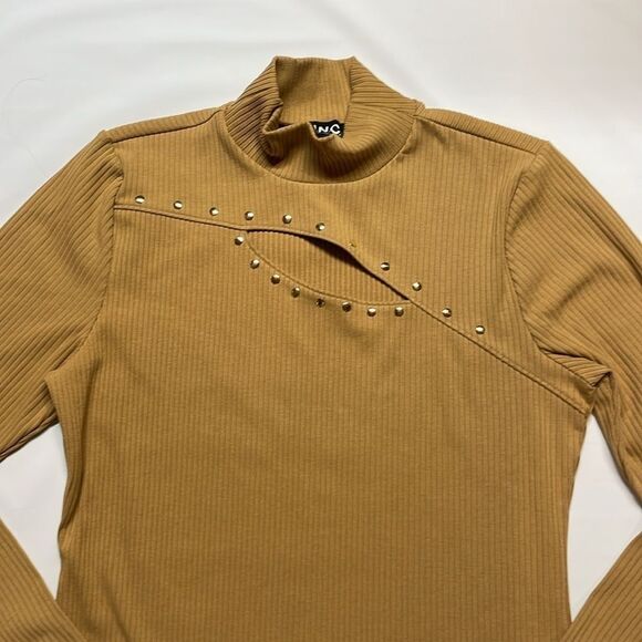 INC International Concept Women’s Tan peek a book Long sleeve Top Sz L - Picture 2 of 7